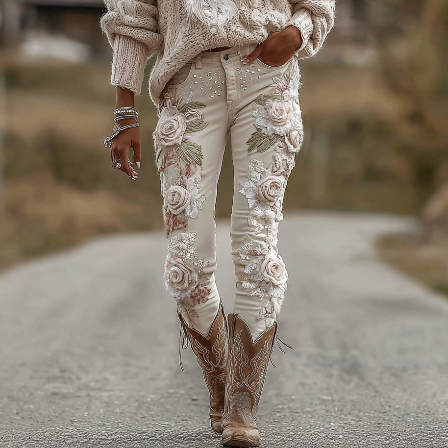 Retro Floral Print Jeans High Waist Slim Imitation Jeans Elegant Casual Trousers